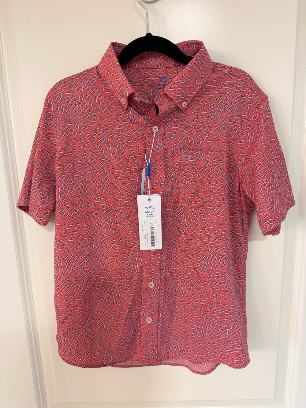Southern Tide Coral Short-Sleeve Button-Down with Blue Fleck Print